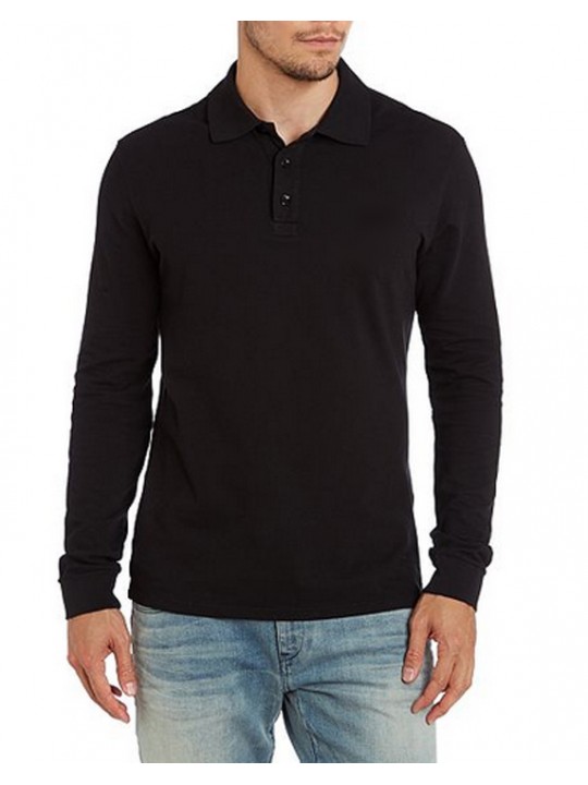 B&C Collection Black Cotton Long Sleeve Polo Shirt